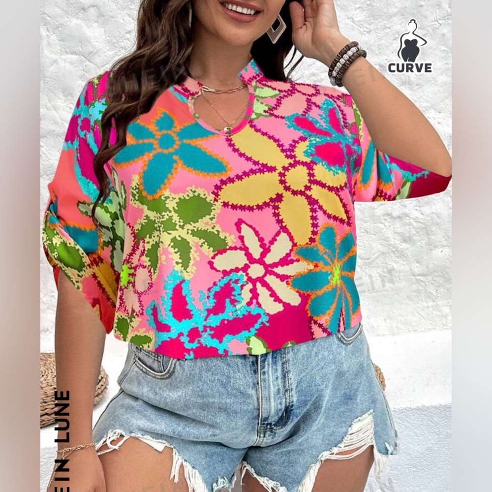 SHEIN LUNE Plus Size Women's Floral Print
Rolled Sleeve Shirt size 3XL